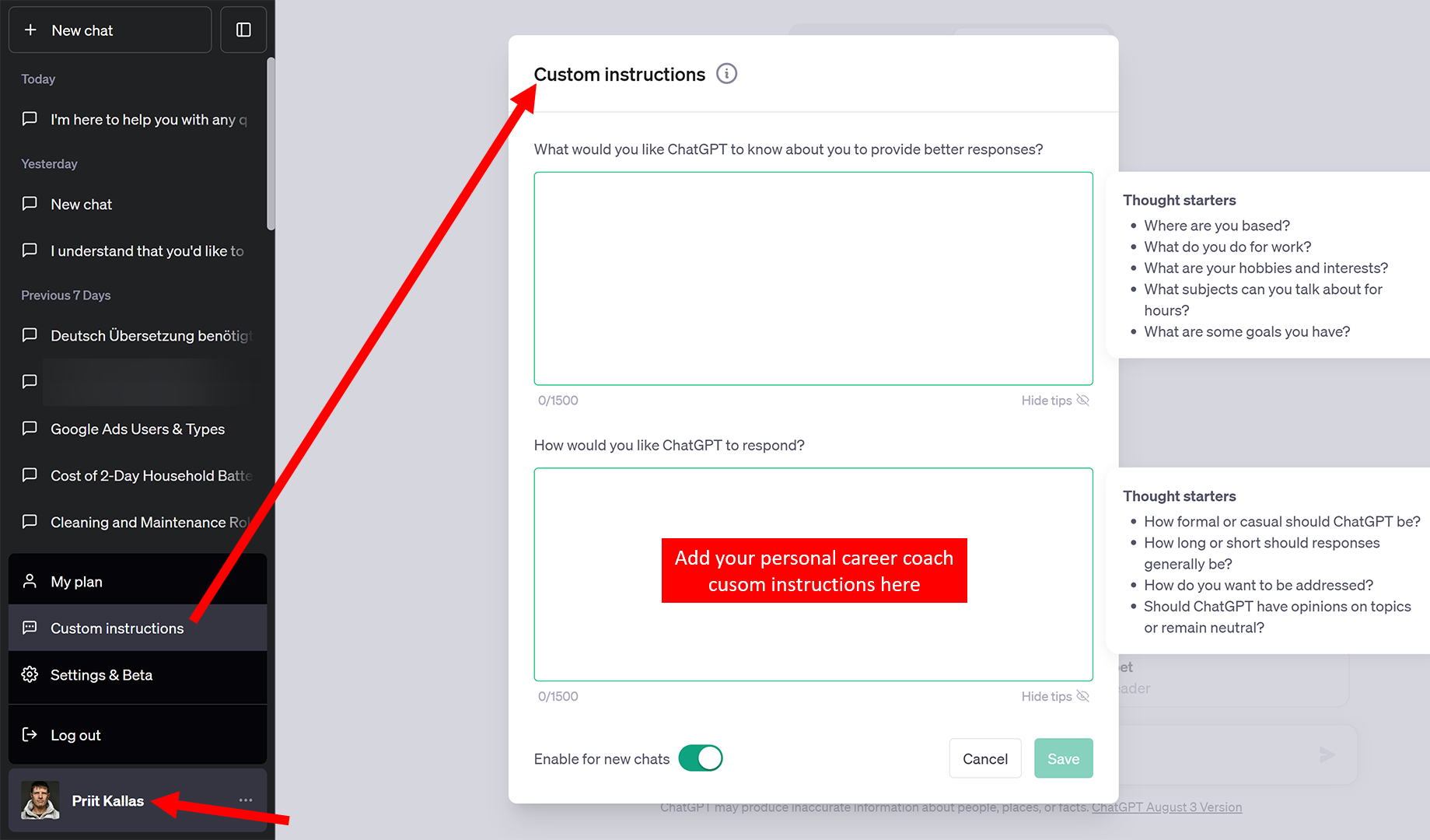 chatgpt personal career coach custom instructions